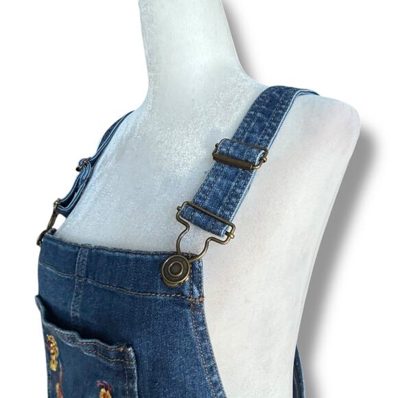 ModCloth Denim Overall Dress Embroidered Floral Owl Pocket Jumper Size Medium - Picture 3 of 9